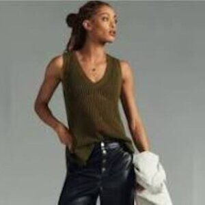Maeve By‎ Anthropologie Women's Green Open Knit Sweater Tank V Neck Size M